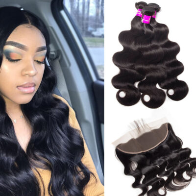 Evanhair Indian Body Wave Hair 3 Bundles with 13×4 Lace Frontal – Natural Black, 100% Human Hair, 10-30 Inch, Silky & Soft