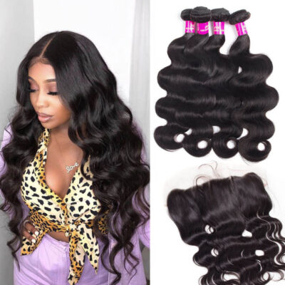 Evanhair Indian Body Wave Hair 4 Bundles with 13×4 Lace Frontal – Natural Black, 100% Human Hair, 10-30 Inch, Silky & Soft