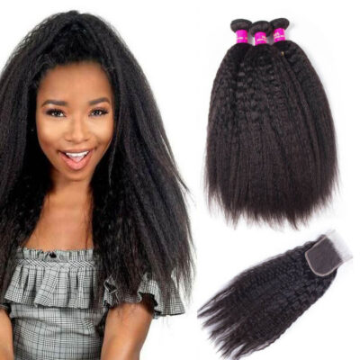 Evanhair Indian Kinky Straight Hair 3 Bundles with 4×4 Lace Closure – Natural Black, Yaki Texture, 100% Human Hair, 10-30 Inch, Silky & Soft