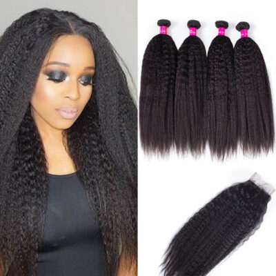 Evanhair Indian Kinky Straight Hair 4 Bundles with 4×4 Lace Closure – Natural Black, Yaki Texture, 100% Human Hair, 10-30 Inch, Silky & Soft