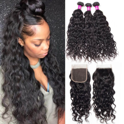 Evanhair Indian Water Wave Hair 3 Bundles with 4×4 Lace Closure – Natural Black, Wet and Wavy 100% Human Hair, 10-30 Inch, Silky & Soft