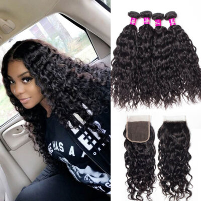 Evanhair Indian Water Wave Hair 4 Bundles with 4×4 Lace Closure – Natural Black, Wet and Wavy 100% Human Hair, 10-30 Inch, Silky & Soft