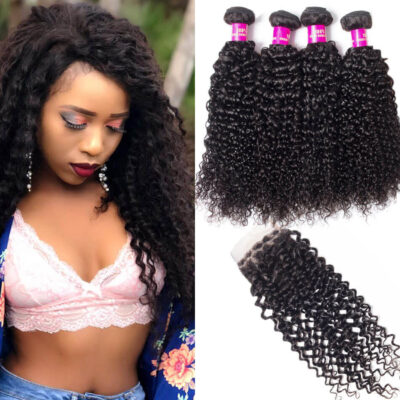 Evanhair Malaysian Curly Hair 4 Bundles with 4×4 Lace Closure – Natural Black, 100% Human Hair, 10-30 Inch, Silky & Soft