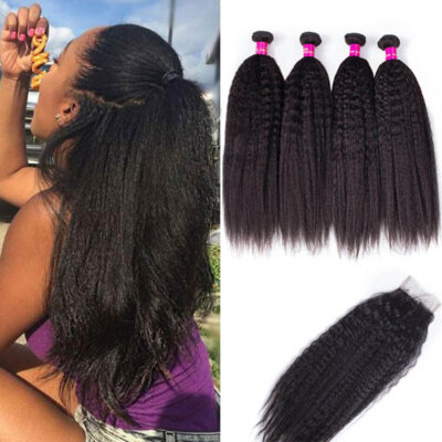 Evanhair Malaysian Kinky Straight Hair 4 Bundles with 4×4 Lace Closure – Natural Black, Yaki Texture, 100% Human Hair, 10-30 Inch, Silky & Soft