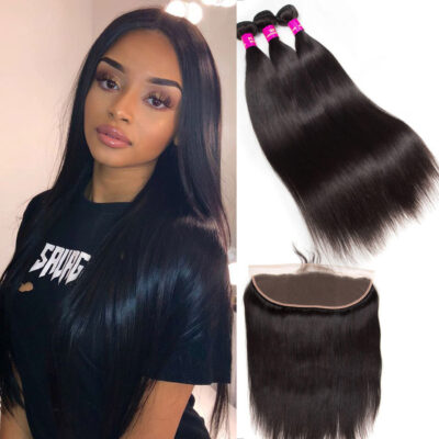 Evanhair Malaysian Straight Hair 3 Bundles with 13×4 Lace Frontal – Natural Black, 100% Human Hair, 10-30 Inch, Silky & Soft
