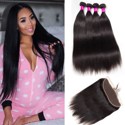 Evanhair Malaysian Straight Hair 4 Bundles with 13×4 Lace Frontal – Natural Black, 100% Human Hair, 10-30 Inch, Silky & Soft