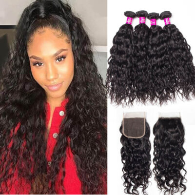 Evanhair Malaysian Water Wave Hair 4 Bundles with 4×4 Lace Closure – Natural Black, Wet and Wavy 100% Human Hair, 10-30 Inch, Silky & Soft