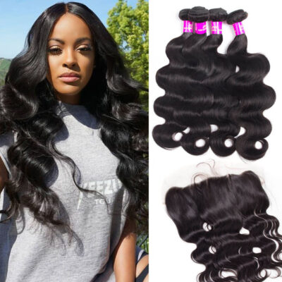 Evanhair Peruvian Body Wave Hair 4 Bundles with 13×4 Lace Frontal – Natural Black, 100% Human Hair, 10-30 Inch, Silky & Soft