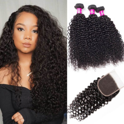 Evanhair Peruvian Curly Hair 3 Bundles with 4×4 Lace Closure – Natural Black, 100% Human Hair, 10-30 Inch, Silky & Soft