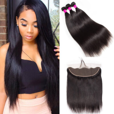 Evanhair Peruvian Straight Hair 3 Bundles with 13×4 Lace Frontal – Natural Black, 100% Human Hair, 10-30 Inch, Silky & Soft