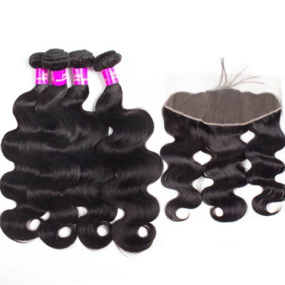 Evanhair Body Wave Hair 4 Bundles with 13×4 Lace Frontal – Natural Black, 100% Human Hair, 10-30 Inch, Silky & Soft