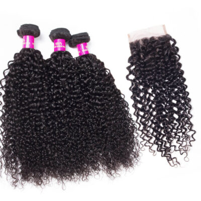 Evanhair Curly Hair 3 Bundles with 4×4 Lace Closure – Natural Black, 100% Human Hair, 10-30 Inch, Silky & Soft