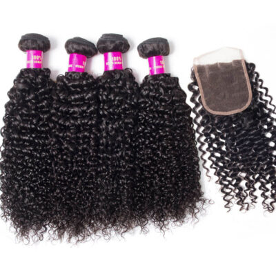Evanhair curly Hair 4 Bundles with 4×4 Lace Closure – Natural Black, 100% Human Hair, 10-30 Inch, Silky & Soft