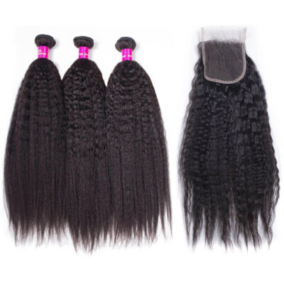 Evanhair Kinky Straight Hair 3 Bundles with 4×4 Lace Closure – Natural Black, Yaki Texture, 100% Human Hair, 10-30 Inch, Silky & Soft