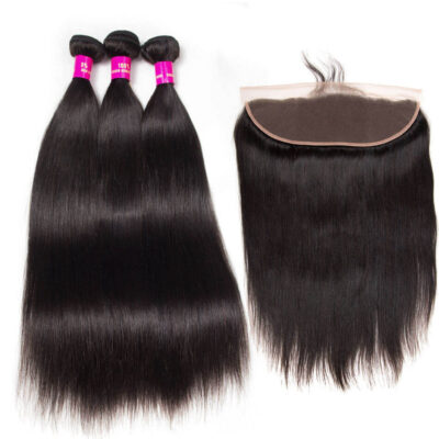 Evanhair Straight Hair 3 Bundles with 13×4 Lace Frontal – Natural Black, 100% Human Hair, 10-30 Inch, Silky & Soft