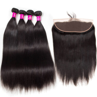Evanhair Straight Hair 4 Bundles with 13×4 Lace Frontal – Natural Black, 100% Human Hair, 10-30 Inch, Silky & Soft