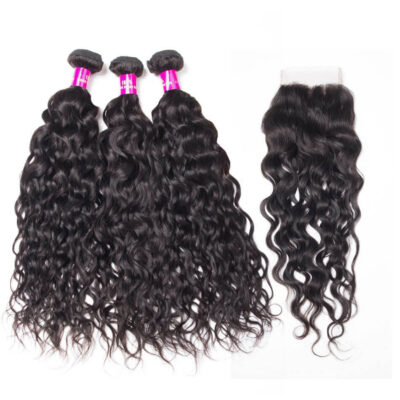 Evanhair Water Wave Hair 3 Bundles with 4×4 Lace Closure – Natural Black, Wet and Wavy 100% Human Hair, 10-30 Inch, Silky & Soft