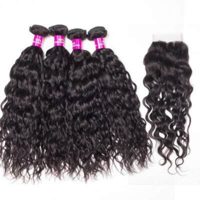 Evanhair Water Wave Hair 4 Bundles with 4×4 Lace Closure – Natural Black, Wet and Wavy 100% Human Hair, 10-30 Inch, Silky & Soft