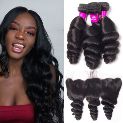 Evanhair Indian Loose Wave Hair 3 Bundles with 13×4 Lace Frontal – Natural Black, 100% Human Hair, 10-30 Inch, Silky & Soft