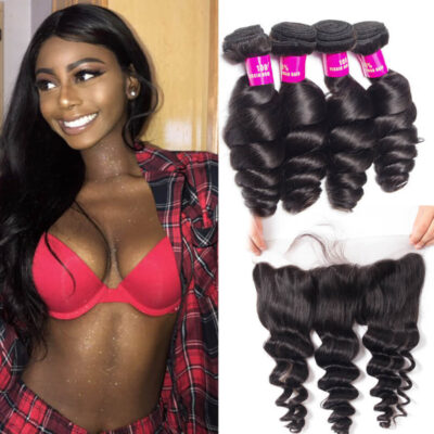 Evanhair Indian Loose Wave Hair 4 Bundles with 13×4 Lace Frontal – Natural Black, 100% Human Hair, 10-30 Inch, Silky & Soft
