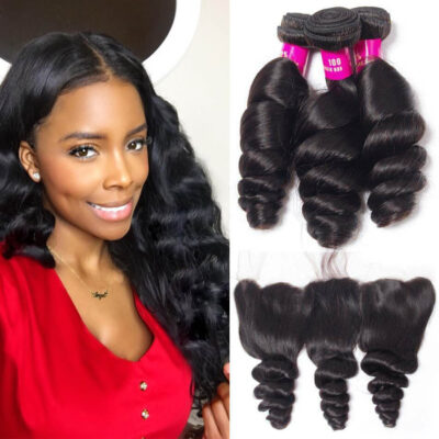 Evanhair Malaysian Loose Wave Hair 3 Bundles with 13×4 Lace Frontal – Natural Black, 100% Human Hair, 10-30 Inch, Silky & Soft