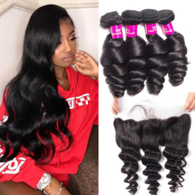 Evanhair Malaysian Loose Wave Hair 4 Bundles with 13×4 Lace Frontal – Natural Black, 100% Human Hair, 10-30 Inch, Silky & Soft