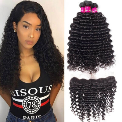 Evanhair Peruvian Deep Wave Hair 3 Bundles with 13×4 Lace Frontal – Natural Black, 100% Human Hair, 10-30 Inch, Silky & Soft
