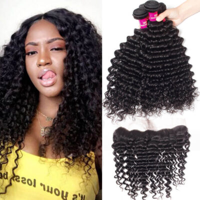 Evanhair Peruvian Deep Wave Hair 4 Bundles with 13×4 Lace Frontal – Natural Black, 100% Human Hair, 10-30 Inch, Silky & Soft