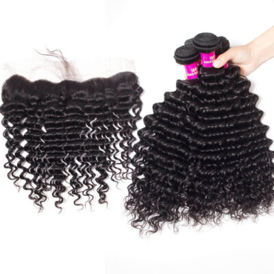 Evanhair Deep Wave Hair 4 Bundles with 13×4 Lace Frontal – Natural Black, 100% Human Hair, 10-30 Inch, Silky & Soft