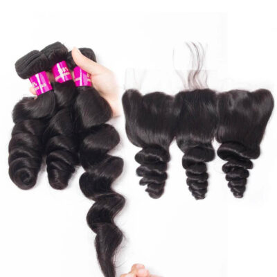 Evanhair Loose Wave Hair 3 Bundles with 13×4 Lace Frontal – Natural Black, 100% Human Hair, 10-30 Inch, Silky & Soft
