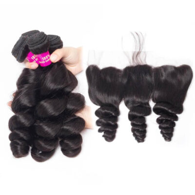 Evanhair Loose Wave Hair 4 Bundles with 13×4 Lace Frontal – Natural Black, 100% Human Hair, 10-30 Inch, Silky & Soft