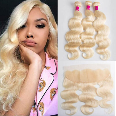 Evanhair Blonde Body Wave Hair 3 Bundles with 13×4 Lace Frontal – 613 Color, 100% Human Hair, 10-28 Inch, Silky & Soft