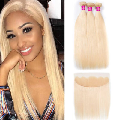 Evanhair Blonde Straight Hair 3 Bundles with 13×4 Lace Frontal – 613 Color, 100% Human Hair, 10-28 Inch, Silky & Soft
