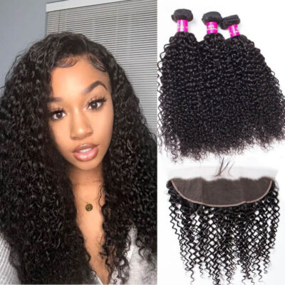 Evanhair Brazilian Curly Hair 3 Bundles with 13×4 Lace Frontal – Natural Black, 100% Human Hair, 10-30 Inch, Silky & Soft