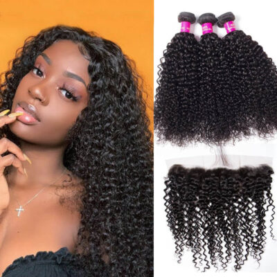 Evanhair Indian Curly Hair 3 Bundles with 13×4 Lace Frontal – Natural Black, 100% Human Hair, 10-30 Inch, Silky & Soft
