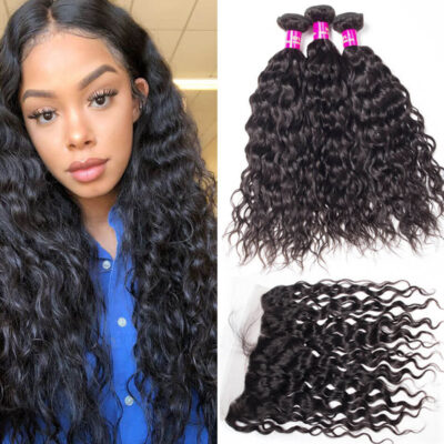Evanhair Indian Water Wave Hair 3 Bundles with 13×4 Lace Frontal – Natural Black, 100% Human Hair, 10-30 Inch, Silky & Soft