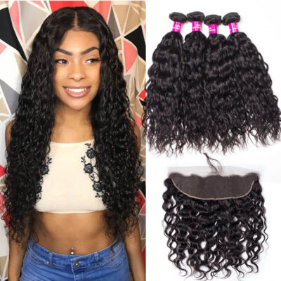 Evanhair Indian Water Wave Hair 4 Bundles with 13×4 Lace Frontal – Natural Black, 100% Human Hair, 10-30 Inch, Silky & Soft
