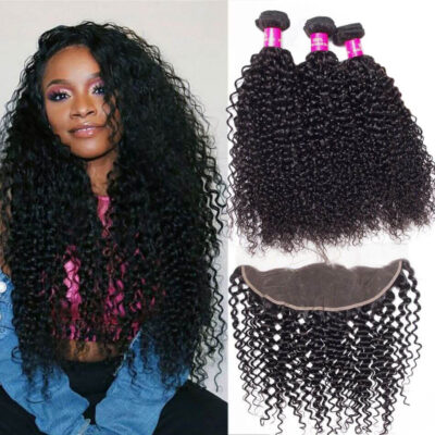 Evanhair Malaysian Curly Hair 3 Bundles with 13×4 Lace Frontal – Natural Black, 100% Human Hair, 10-30 Inch, Silky & Soft