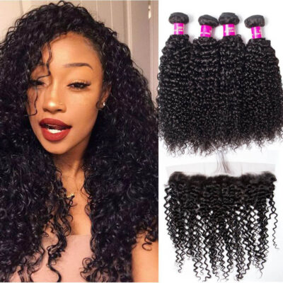 Evanhair Peruvian Curly Hair 4 Bundles with 13×4 Lace Frontal – Natural Black, 100% Human Hair, 10-30 Inch, Silky & Soft