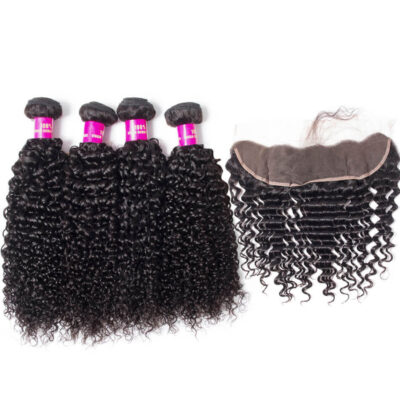 Evanhair Curly Hair 4 Bundles with 13×4 Lace Frontal – Natural Black, 100% Human Hair, 10-30 Inch, Silky & Soft