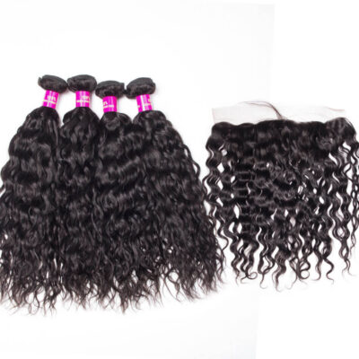 Evanhair Water Wave Hair 4 Bundles with 13×4 Lace Frontal – Natural Black, 100% Human Hair, 10-30 Inch, Silky & Soft