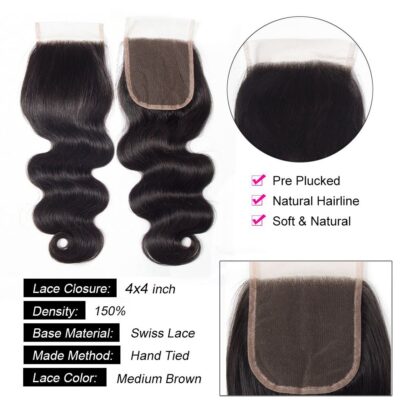 Evanhair Body Wave Hair 4x4 Lace Closure Free Part – 100% Human Hair, Pre-Plucked & Natural Look