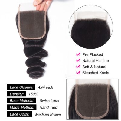 Evanhair Loose Wave Hair 4x4 Lace Closure Free Part – 100% Human Hair, Pre-Plucked & Natural Look