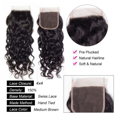 Evanhair Water Wave Hair 4x4 Lace Closure Free Part – Wet and Wavy 100% Human Hair, Pre-Plucked & Natural Look
