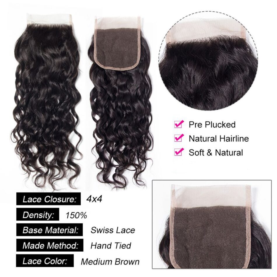 Evanhair Water Wave Hair 4x4 Lace Closure Free Part – Wet and Wavy 100% Human Hair, Pre-Plucked & Natural Look