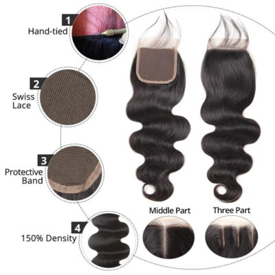 Evanhair Body Wave Hair 5x5 Lace Closure Free Part – 100% Human Hair, Pre-Plucked & Natural Look