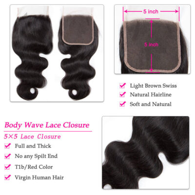 Evanhair Body Wave Hair 5x5 Lace Closure Free Part – 100% Human Hair, Pre-Plucked & Natural Look
