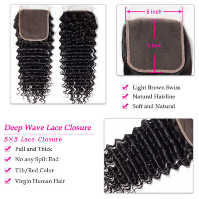 Evanhair Deep Wave Hair 5x5 Lace Closure Free Part – 100% Human Hair, Pre-Plucked & Natural Look