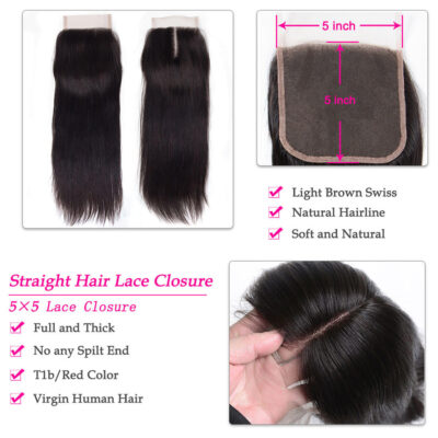 Evanhair Straight Hair 5x5 Lace Closure Free Part – 100% Human Hair, Pre-Plucked & Natural Look