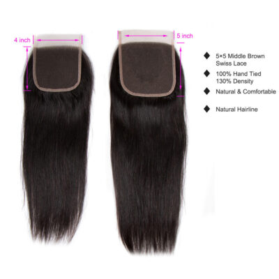 Evanhair Straight Hair 5x5 Lace Closure Free Part – 100% Human Hair, Pre-Plucked & Natural Look